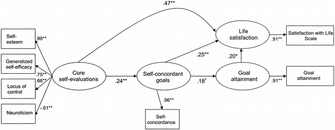 Figure 3. Study 1: Model testing the mediating role of goal attainment in relationship between goal self-concordance and life satisfaction. n = 183. †p <.10. *p <.05. **p <.01 apl-90-2-257-fig3a.gif